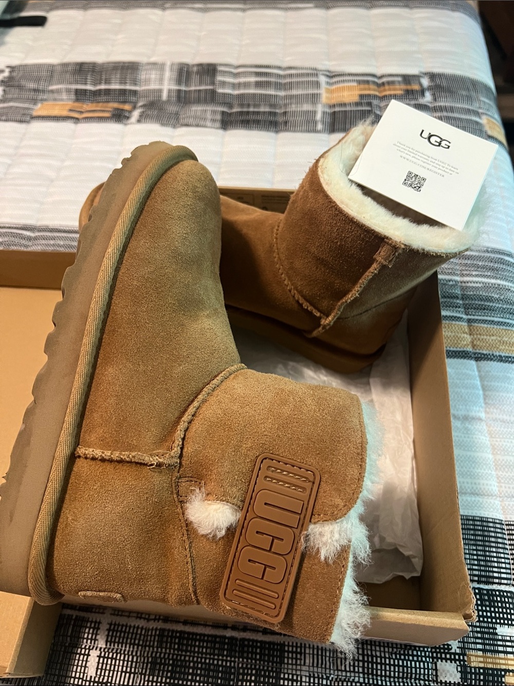 UGG Chestnut Suede Short Shearling Booties with Logo Tab